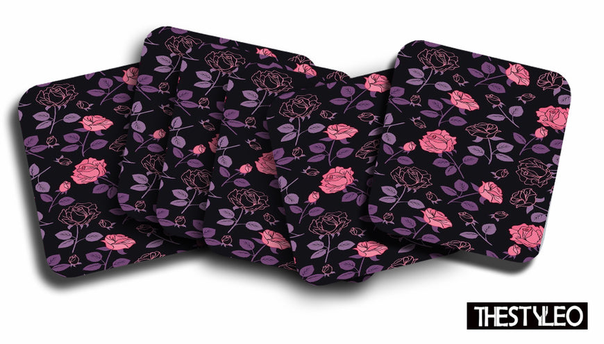 Pink Flower  Designer Printed Square Tea Coasters With Stand (MDF Wooden, Set Of 6 Pieces Coaster And 1 Stand)