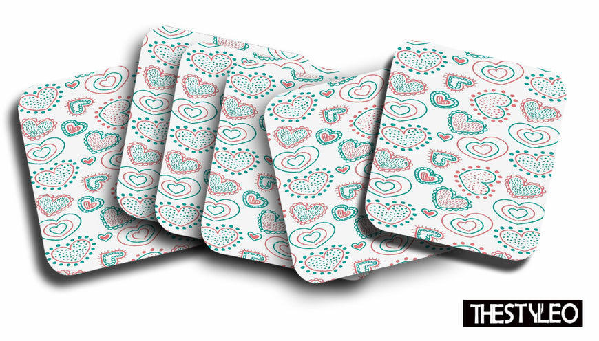 Valentine Pattern Designer Printed Square Tea Coasters With Stand (MDF Wooden, Set Of 6 Pieces Coaster And 1 Stand)