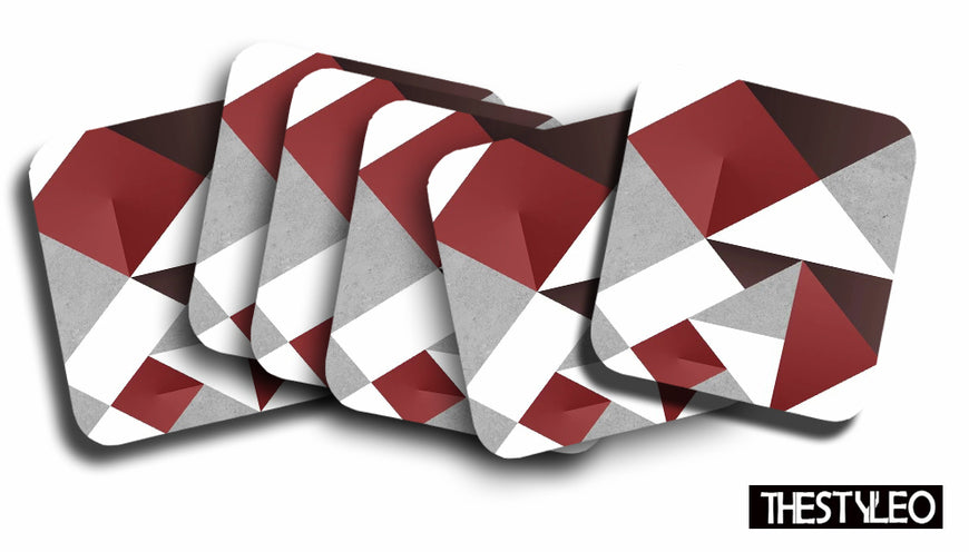 Red And Gray Pattern Designer Printed Square Tea Coasters With Stand (MDF Wooden, Set Of 6 Pieces Coaster And 1 Stand)