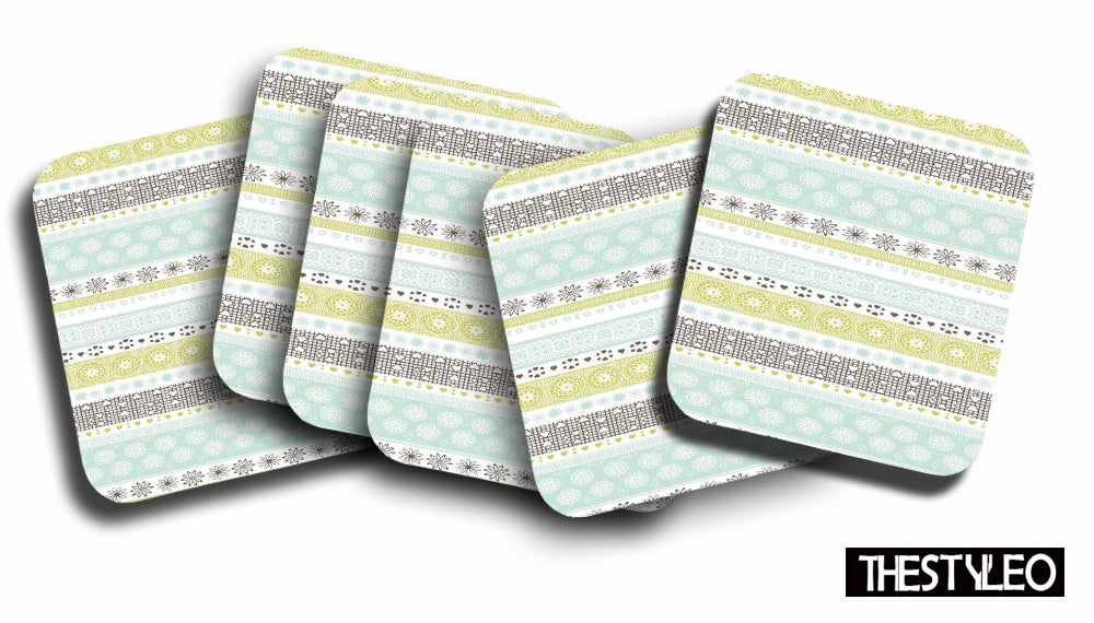 Printed Pattern Designer Printed Square Tea Coasters With Stand (MDF Wooden, Set Of 6 Pieces Coaster)