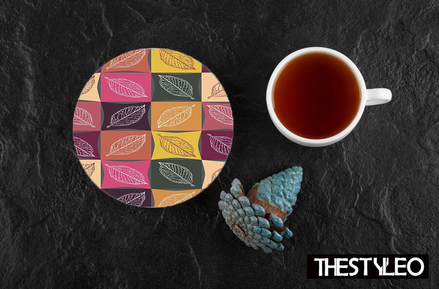 Leaf pattern Designer Printed Round Tea Coasters (MDF Wooden, Set Of 6 Pieces)