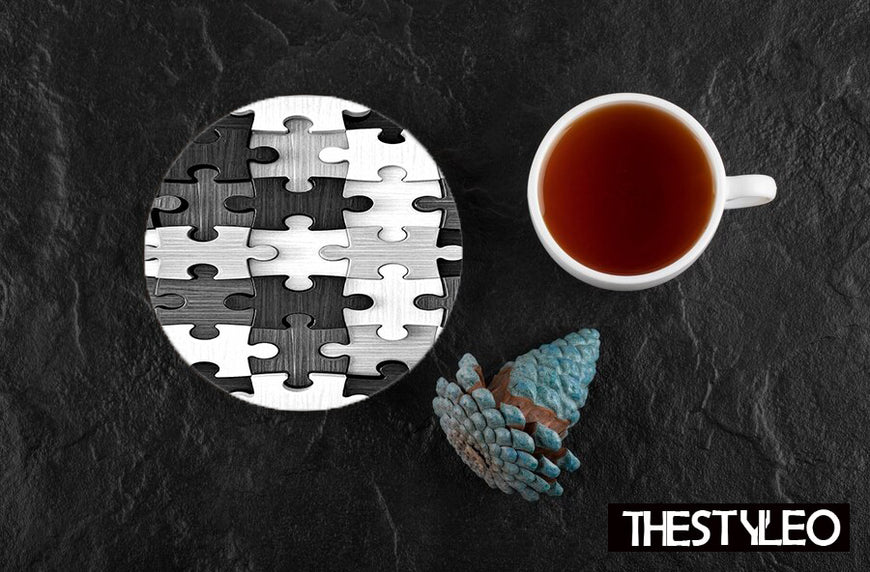 Black White Puzzle  Designer Printed Round Tea Coasters (MDF Wooden, Set Of 6 Pieces)