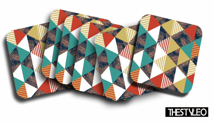 Printed Marble Palm Leaf Pattern MDF Wooden Coasters For Home And Kitchen(Set Of 6  Pieces)