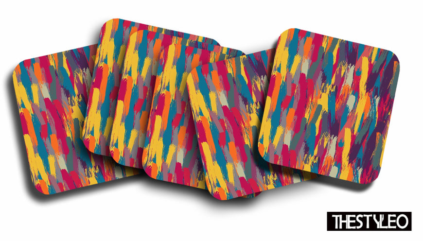 Paint Pattern Designer Printed Square Tea Coasters With Stand (MDF Wooden, Set Of 6 Pieces Coaster And 1 Stand)