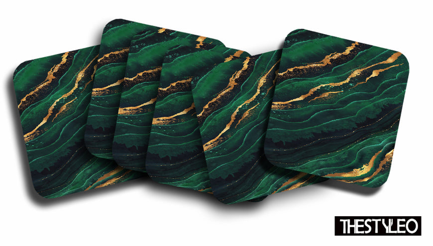 Printed Dark Green And Gold Pattern Designer Printed Square Tea Coasters  (MDF Wooden, Set Of 6 Pieces Coaster)