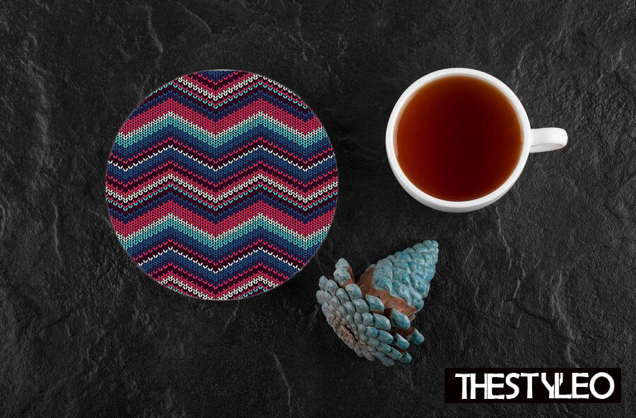 Zigzag Pattern Designer Printed Round Tea Coasters (MDF Wooden, Set Of 6 Pieces)