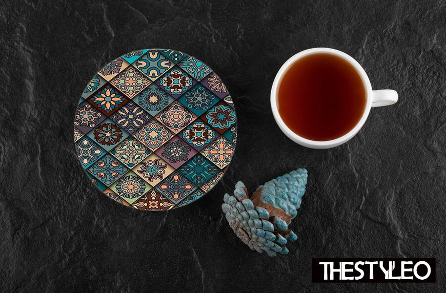 Ethnic Floral Mandala Designer Printed Round Tea Coasters (MDF Wooden, Set Of 6 Pieces)
