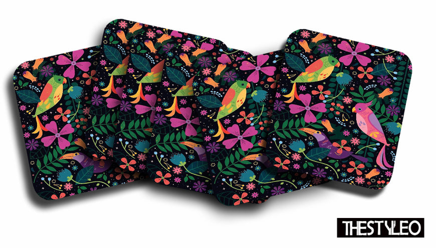 Multicolours Designer Printed Square Tea Coasters With Stand (MDF Wooden, Set Of 6 Pieces Coaster)