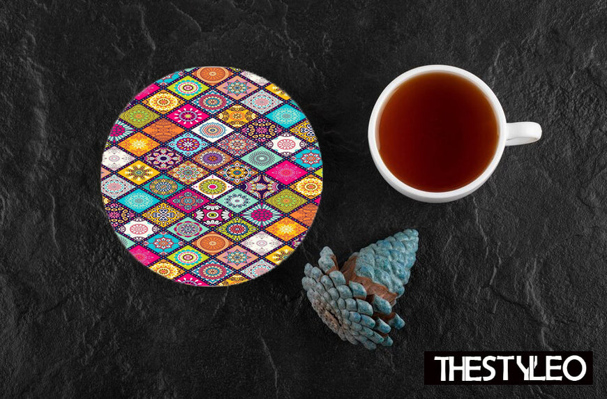 Rangoli Designer Printed Round Tea Coasters (MDF Wooden, Set Of 6 Pieces)