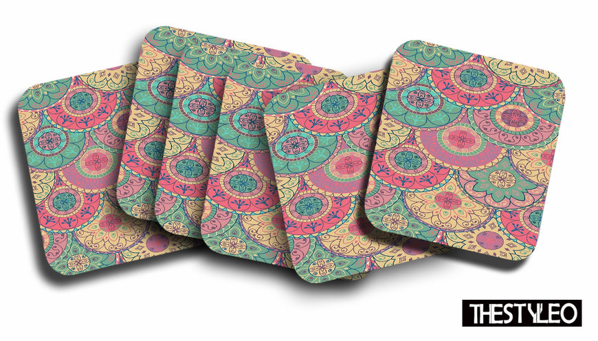 Printed Mandala Art  Pattern Designer Printed Square Tea Coasters  (MDF Wooden, Set Of 6 Pieces Coaster)