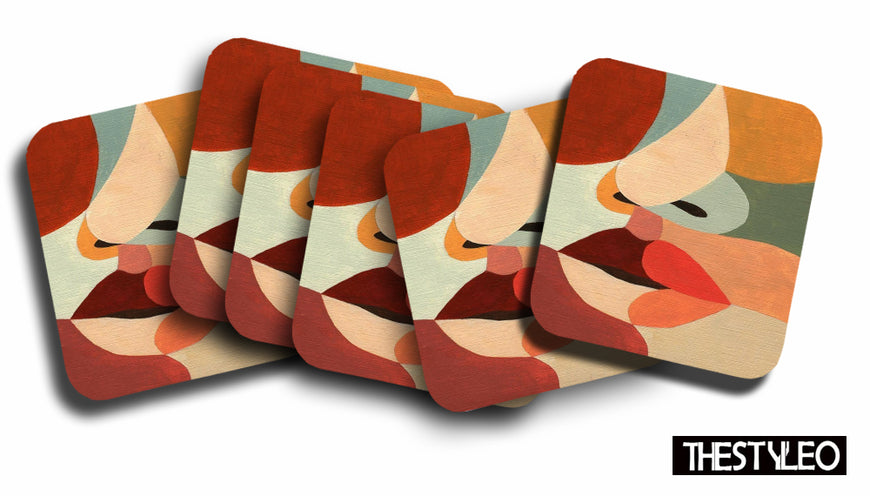 Abstract Art Designer Printed Square Tea Coasters With Stand (MDF Wooden, Set Of 6 Pieces Coaster And 1 Stand)