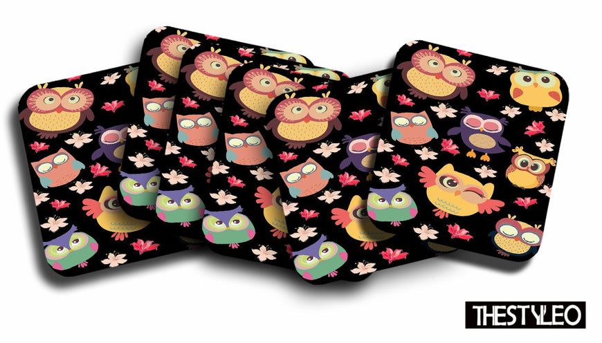 Cute Owls Designer Printed Square Tea Coasters With Stand (MDF Wooden, Set Of 6 Pieces Coaster And 1 Stand)