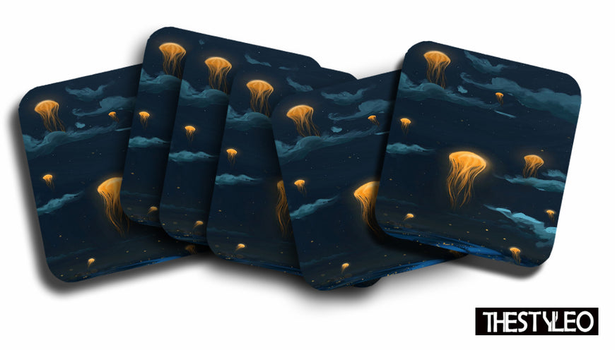 Jellyfish Designer Printed Square Tea Coasters With Stand (MDF Wooden, Set Of 6 Pieces Coaster And 1 Stand)