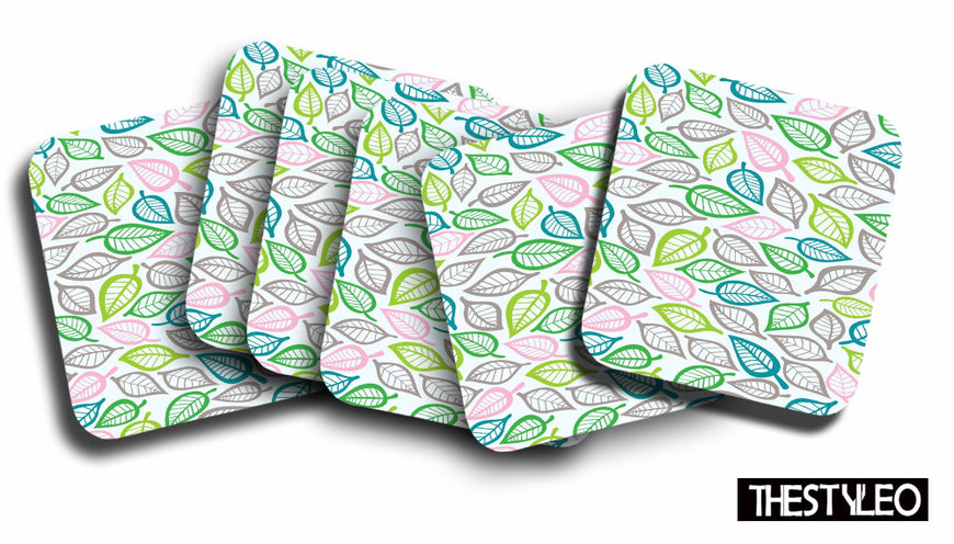 Printed Leaf Pattern Designer Printed Square Tea Coasters With Stand (MDF Wooden, Set Of 6 Pieces Coaster And 1 Stand)