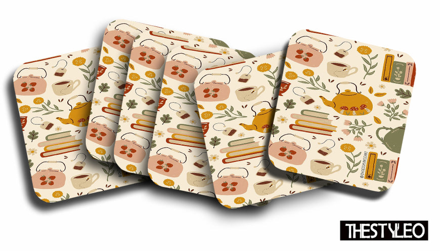 Printed Tea Time Designer Printed Square Tea Coasters  (MDF Wooden, Set Of 6 Pieces Coaster)