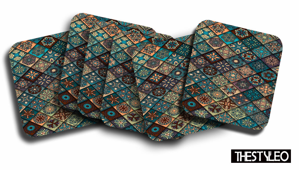 Green Mandala Wooden Designer Printed Square Tea Coasters (MDF Wooden, Set of 6 Pieces)