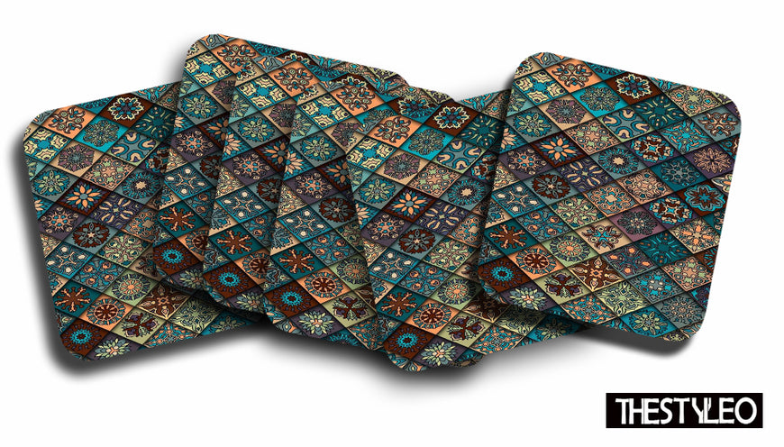 Green Mandala Wooden Designer Printed Square Tea Coasters (MDF Wooden, Set of 6 Pieces)