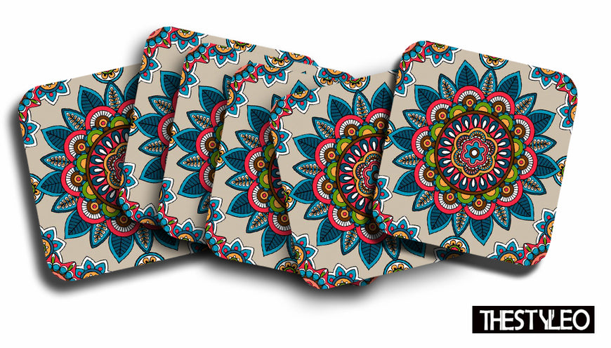 Mandala Wooden Designer Printed Square Tea Coasters (MDF Wooden, Set of 6 Pieces)