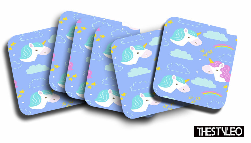 Unicorn Pattern Designer Printed Square Tea Coasters With Stand (MDF Wooden, Set Of 6 Pieces Coaster And 1 Stand)