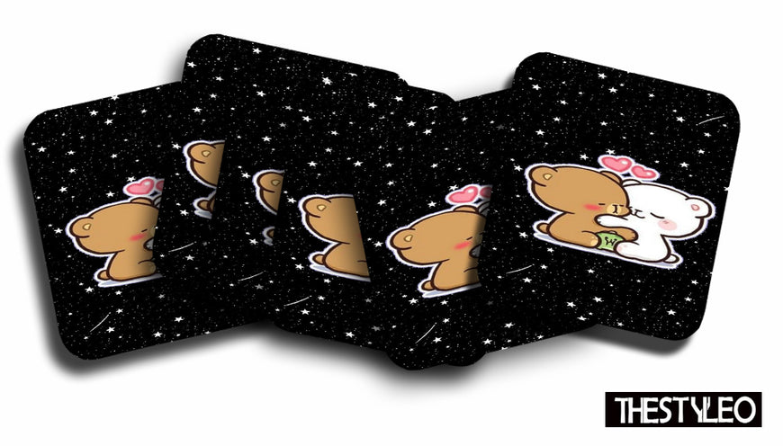 Printed Love Pattern Designer Printed Square Tea Coasters With Stand (MDF Wooden, Set Of 6 Pieces Coaster And 1 Stand)