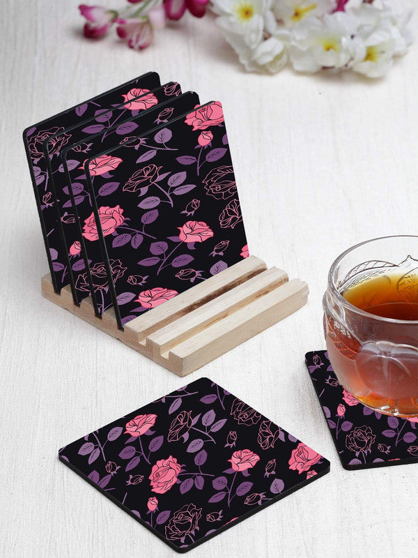 Pink Flower  Designer Printed Square Tea Coasters With Stand (MDF Wooden, Set Of 6 Pieces Coaster And 1 Stand)