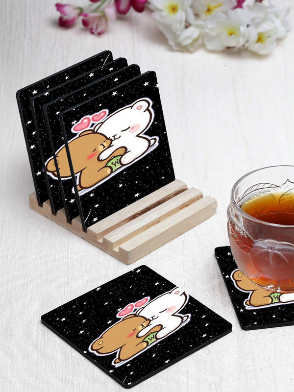 Printed Love Pattern Designer Printed Square Tea Coasters With Stand (MDF Wooden, Set Of 6 Pieces Coaster And 1 Stand)
