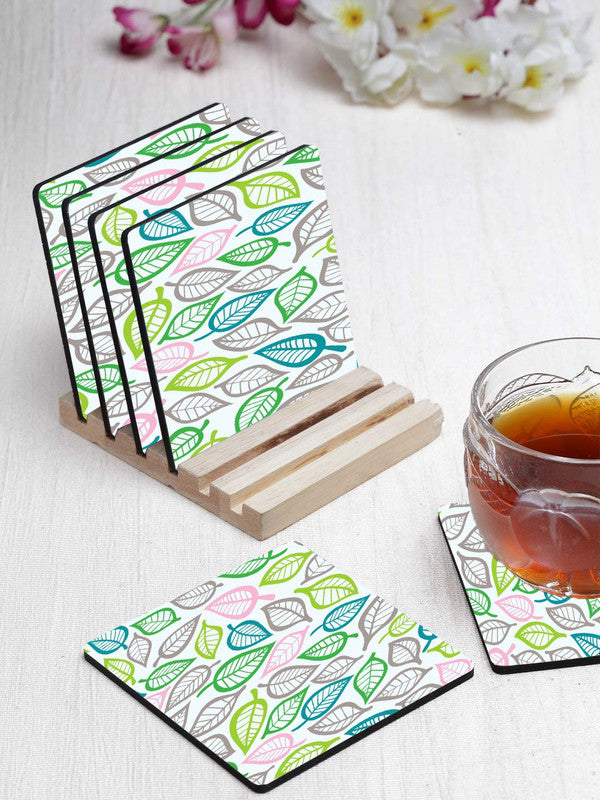 Printed Leaf Pattern Designer Printed Square Tea Coasters With Stand (MDF Wooden, Set Of 6 Pieces Coaster And 1 Stand)