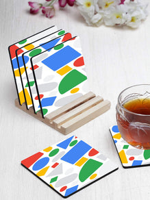 Printed Colorful Squares Pattern Designer Printed Square Tea Coasters With Stand (MDF Wooden, Set Of 6 Pieces Coaster And 1 Stand)