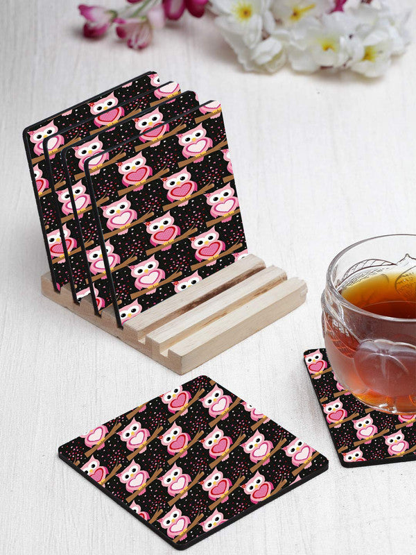 Cute Owls Pattern Designer Printed Square Tea Coasters With Stand (MDF Wooden, Set Of 6 Pieces Coaster And 1 Stand)