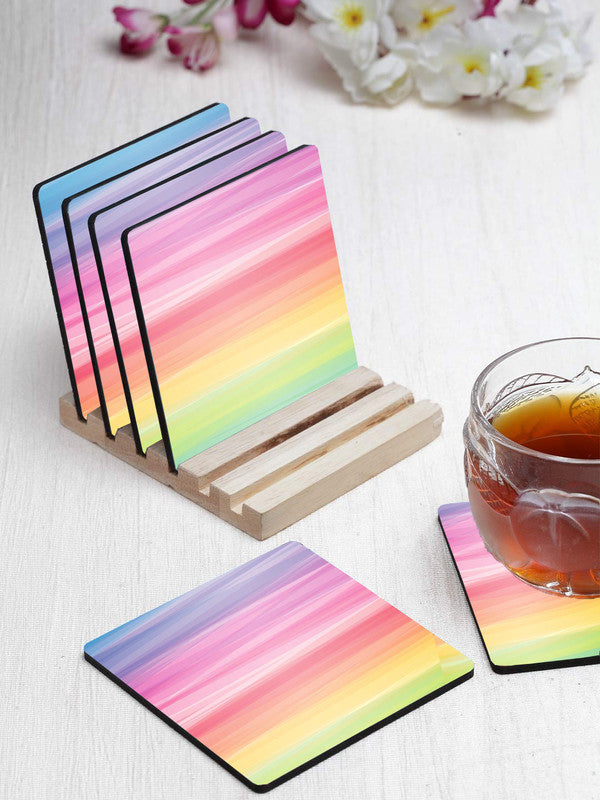 Rainwob Pattern Designer Printed Square Tea Coasters With Stand (MDF Wooden, Set Of 6 Pieces Coaster And 1 Stand)