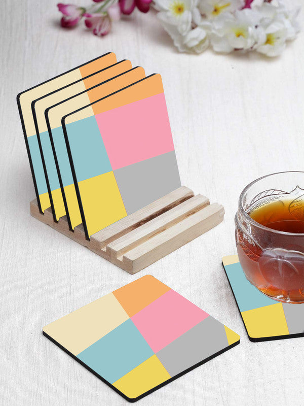 Color Square Designer Printed Square Tea Coasters With Stand (MDF Wooden, Set Of 6 Pieces Coaster And 1 Stand)