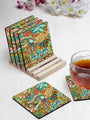 Flowers Designer Printed Square Tea Coasters With Stand (MDF Wooden, Set Of 6 Pieces Coaster And 1 Stand)