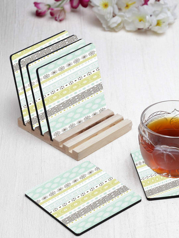 Printed Pattern Designer Printed Square Tea Coasters With Stand (MDF Wooden, Set Of 6 Pieces Coaster)