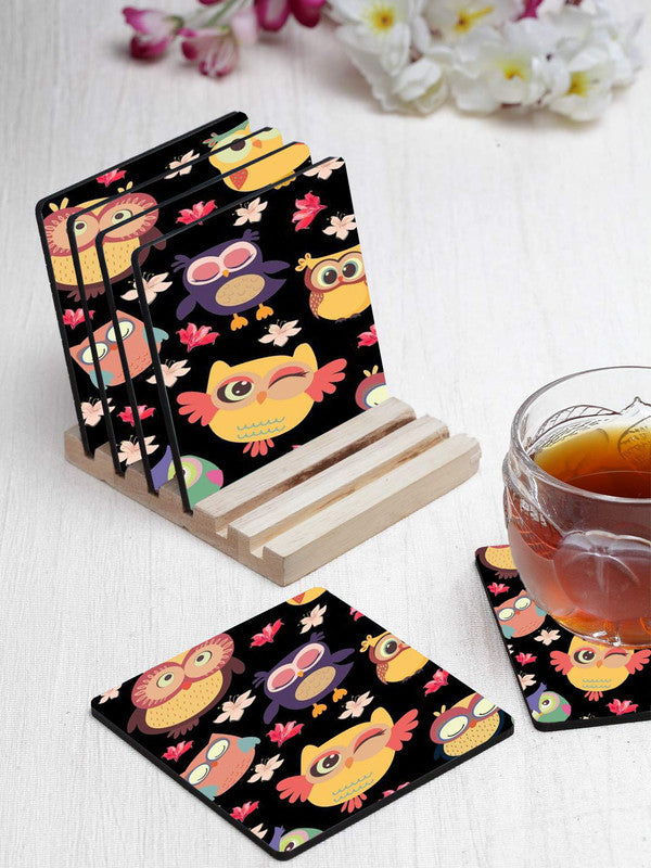 Cute Owls Designer Printed Square Tea Coasters With Stand (MDF Wooden, Set Of 6 Pieces Coaster And 1 Stand)