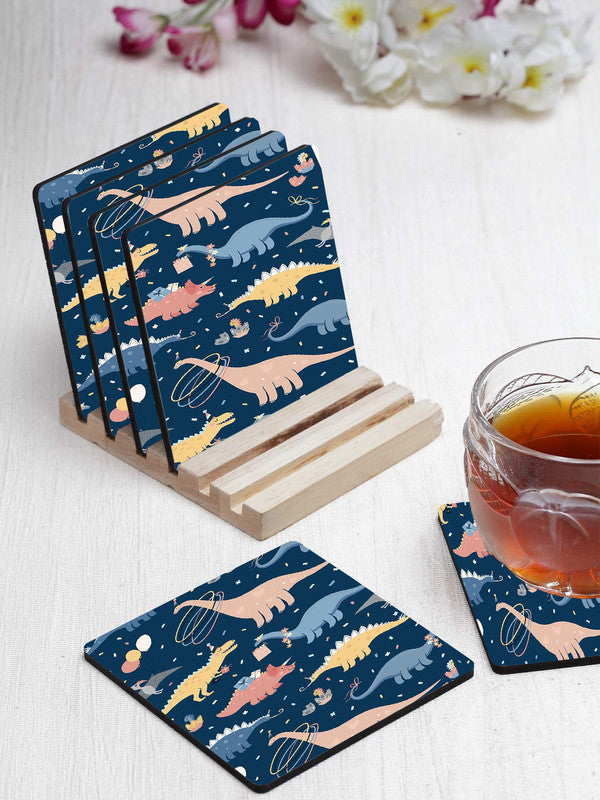 Printed Cute Dragon Pattern Designer Printed Square Tea Coasters With Stand (MDF Wooden, Set Of 6 Pieces Coaster And 1 Stand)