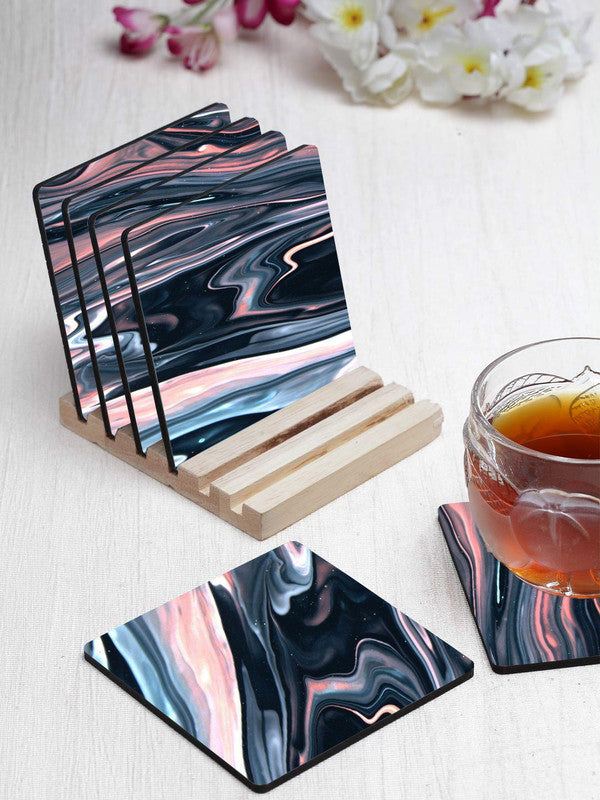 Aesthetic Marble Designer Printed Square Tea Coasters With Stand (MDF Wooden, Set Of 6 Pieces Coaster And 1 Stand)