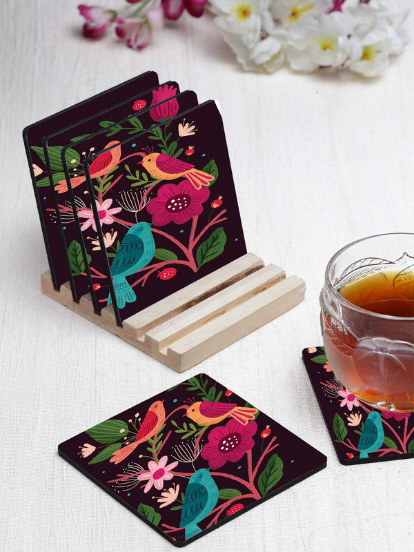 Folk Art Flowers Birds Designer Printed Square Tea Coasters With Stand (MDF Wooden, Set Of 6 Pieces Coaster And 1 Stand)