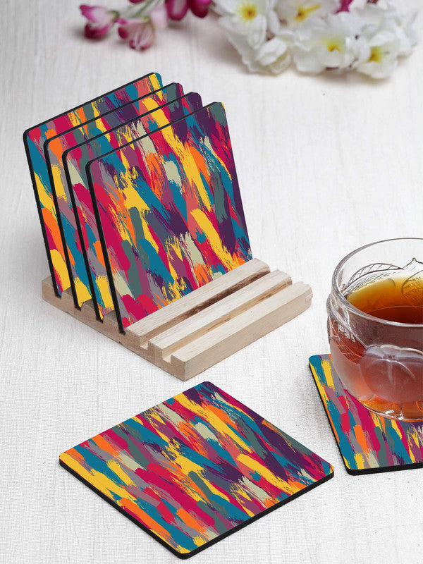 Paint Pattern Designer Printed Square Tea Coasters With Stand (MDF Wooden, Set Of 6 Pieces Coaster And 1 Stand)