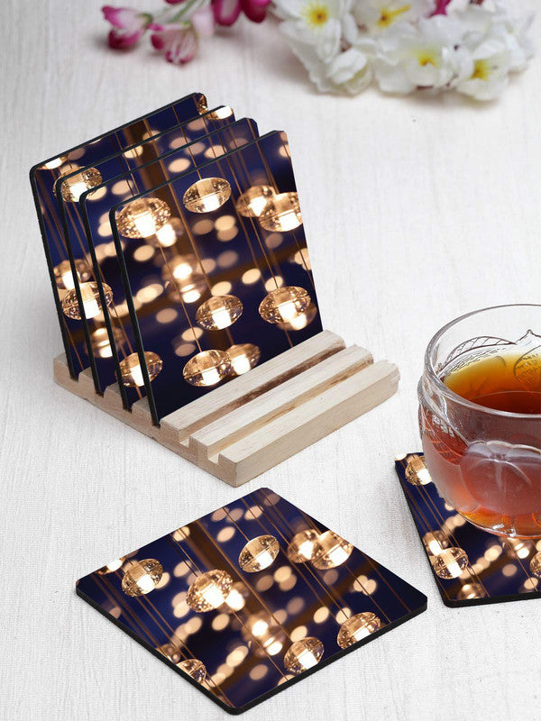 Lights Designer Printed Square Tea Coasters With Stand (MDF Wooden, Set Of 6 Pieces Coaster And 1 Stand)