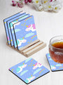 Unicorn Pattern Designer Printed Square Tea Coasters With Stand (MDF Wooden, Set Of 6 Pieces Coaster And 1 Stand)