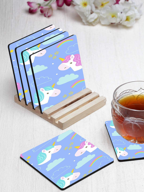 Unicorn Pattern Designer Printed Square Tea Coasters With Stand (MDF Wooden, Set Of 6 Pieces Coaster And 1 Stand)