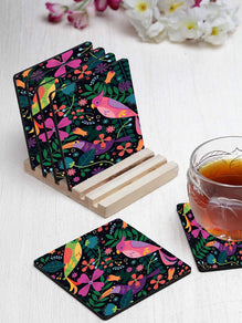 Multicolours Designer Printed Square Tea Coasters With Stand (MDF Wooden, Set Of 6 Pieces Coaster And 1 Stand)