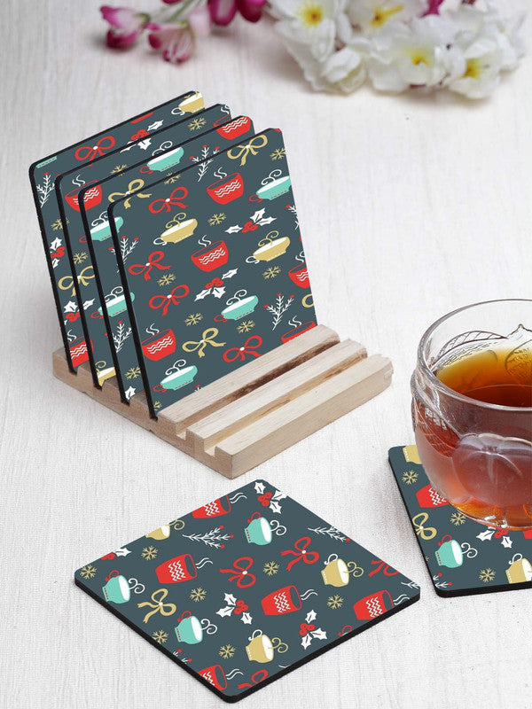 Printed Coffee Pattern Designer Printed Square Tea Coasters With Stand (MDF Wooden, Set Of 6 Pieces Coaster And 1 Stand)