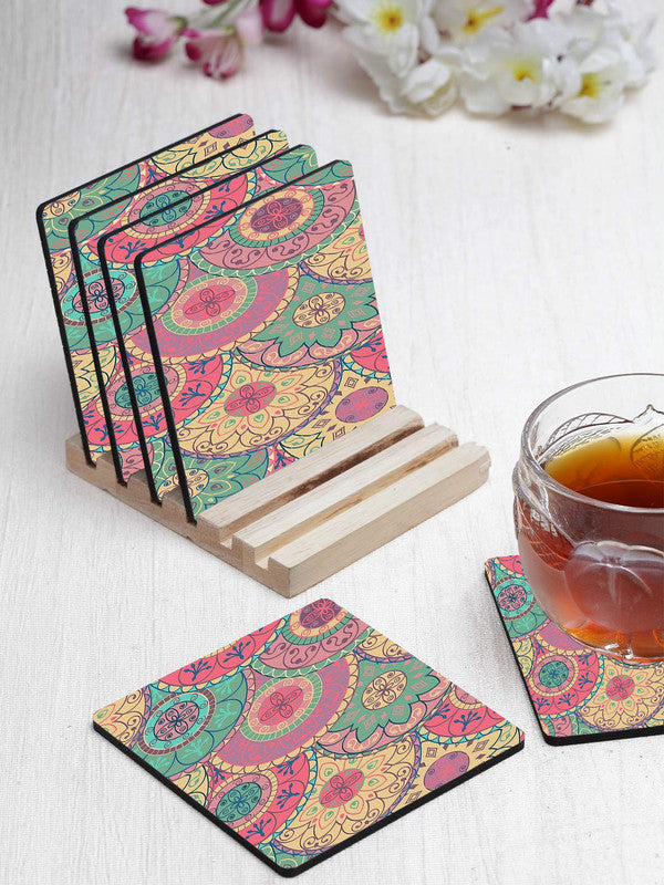 Printed Mandala Art  Pattern Designer Printed Square Tea Coasters With Stand (MDF Wooden, Set Of 6 Pieces Coaster And 1 Stand)