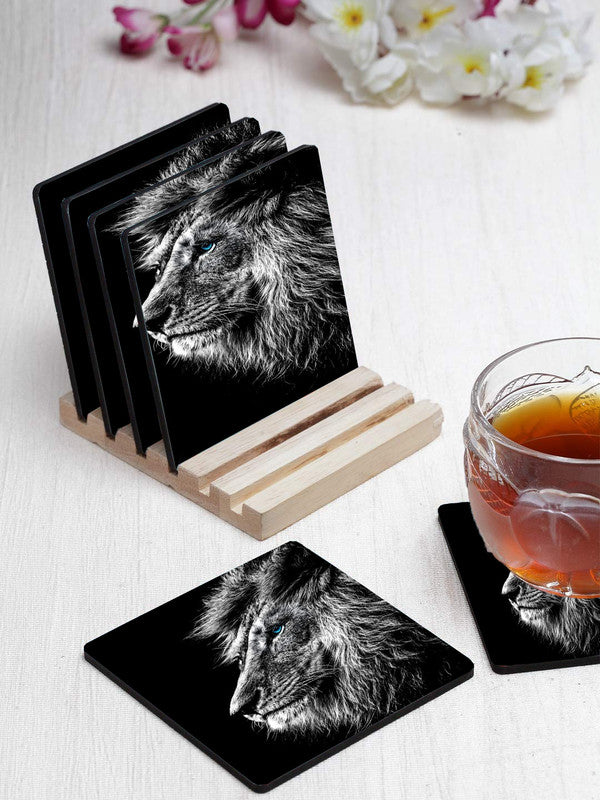 Printed Black Lion Pattern Designer Printed Square Tea Coasters With Stand (MDF Wooden, Set Of 6 Pieces Coaster And 1 Stand)