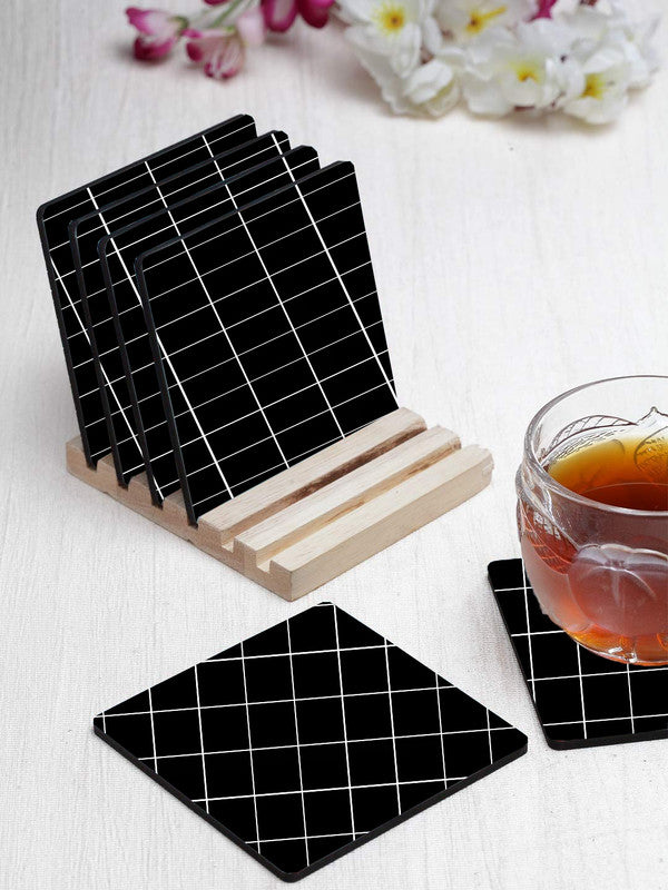 Printed Black Aesthetic Pattern Designer Printed Square Tea Coasters With Stand (MDF Wooden, Set Of 6 Pieces Coaster And 1 Stand)