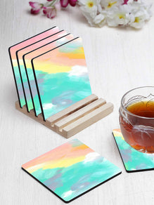 Watercolor Paint Designer Printed Square Tea Coasters With Stand (MDF Wooden, Set Of 6 Pieces Coaster And 1 Stand)