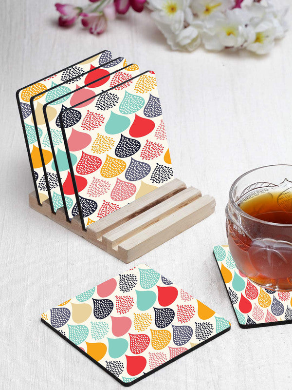 Colorful Waterdrop Designer Printed Square Tea Coasters With Stand (MDF Wooden, Set Of 6 Pieces Coaster And 1 Stand)