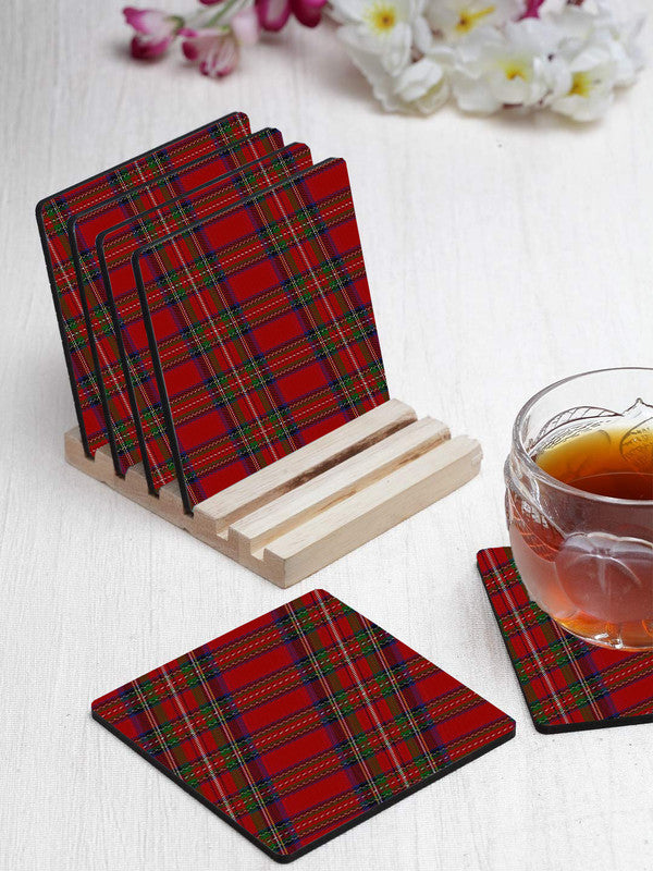 Printed Red Pattern Designer Printed Square Tea Coasters With Stand (MDF Wooden, Set Of 6 Pieces Coaster And 1 Stand)