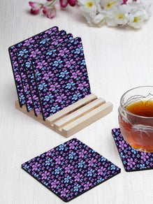  Floral Pattern Designer Printed Square Tea Coasters With Stand (MDF Wooden, Set Of 6 Pieces Coaster And 1 Stand)